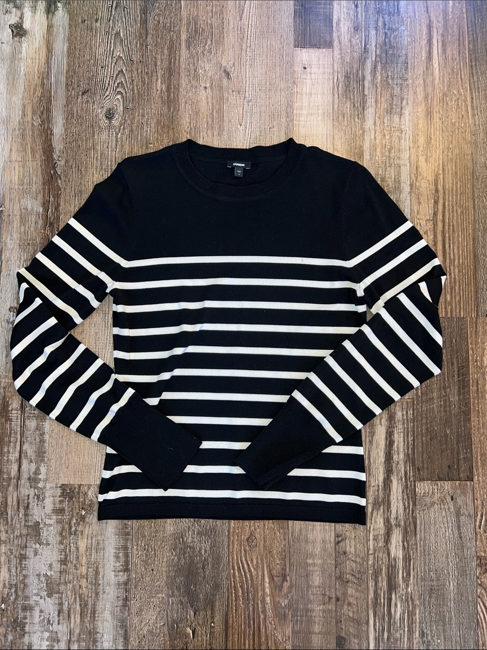 Express Black and White Striped Crewneck Sweater